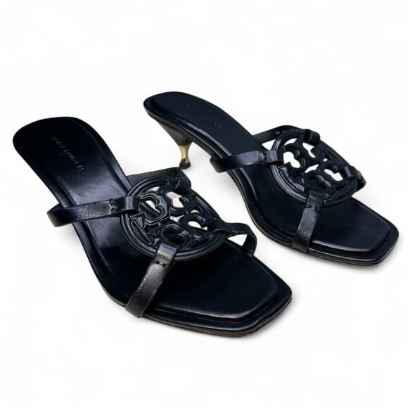 TORY BURCH Miller Bombé Embossed Logo Gold Kitten Heeled Sandal, Black, Size 6 - Picture 4 of 16